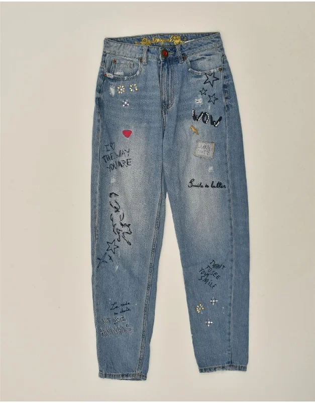 DESIGUAL Womens Distressed Graphic Tapered Jeans W26 L29  Blue Cotton