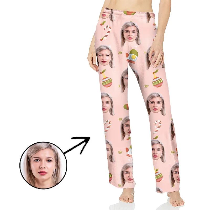 Custom Photo Pajamas Pants For Women With Christmas Candy Cane