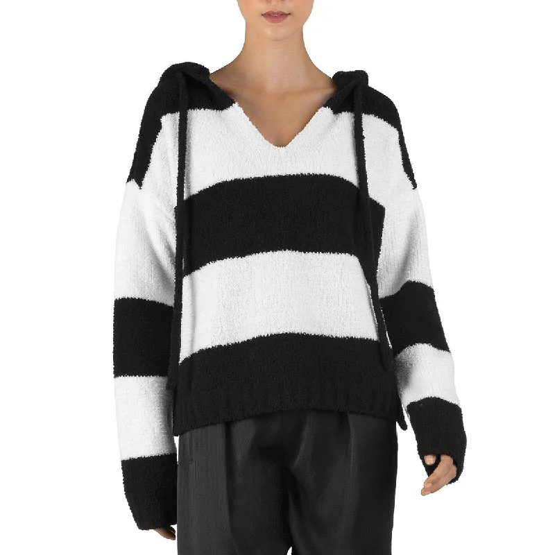 ATM Womens Chenille  Striped Hoodie V-Neck Sweater Best sweaters for cozy nights