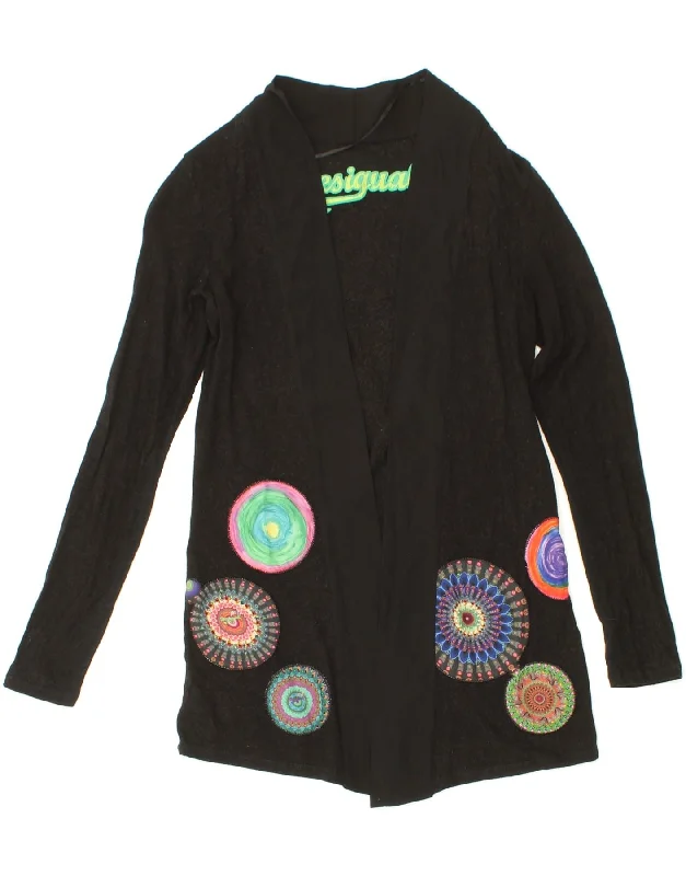 DESIGUAL Womens Graphic Open Cardigan Sweater UK 6 XS Black Floral Crewneck sweaters