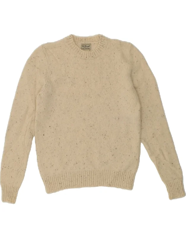 L.L.BEAN Womens Crew Neck Jumper Sweater UK 10 Small Beige Flecked Wool Fleece sweaters