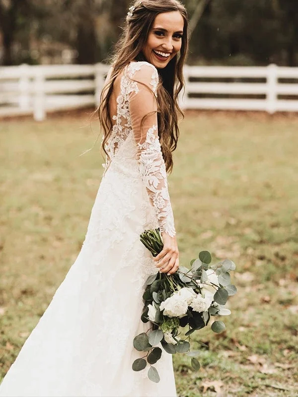 Lace Appliques Long Sleeves Mermaid Wedding Dress Backless Bridal Gown OW628 Vintage Wedding Gown