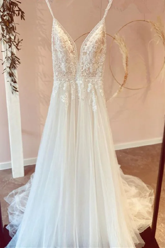 Modest Long A-line V-neck Spaghetti Straps Tulle Wedding Dress with Appliques Lace Off-shoulder Bridal Dress