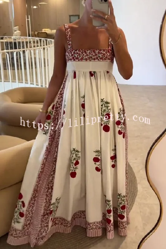 Botanical Floral Print High Waisted Wide Hem Suspender Maxi Dress Birthday maxi dresses
