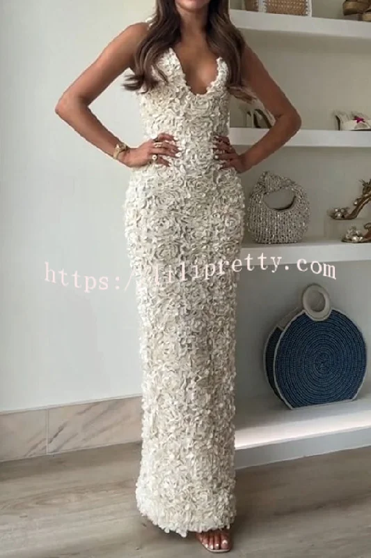 Champagne Party Rose Floral Applique Slit Pencil Maxi Dress Comfortable maxi dresses for everyday wear