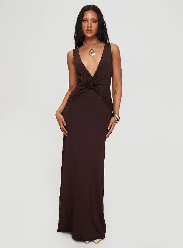 Frederica Plunge Maxi Dress Chocolate Boho maxi dresses