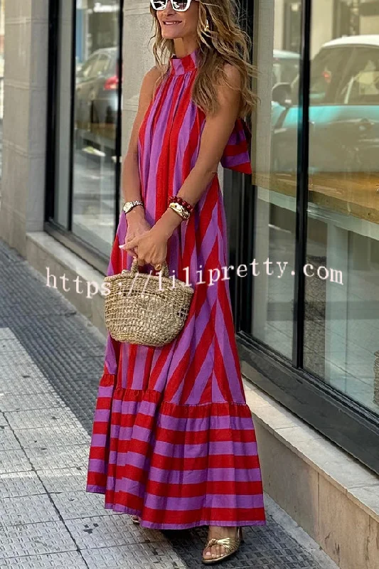 Roxane Linen Blend Striped Halter Neck A-line Maxi Dress Best maxi dresses for casual wear
