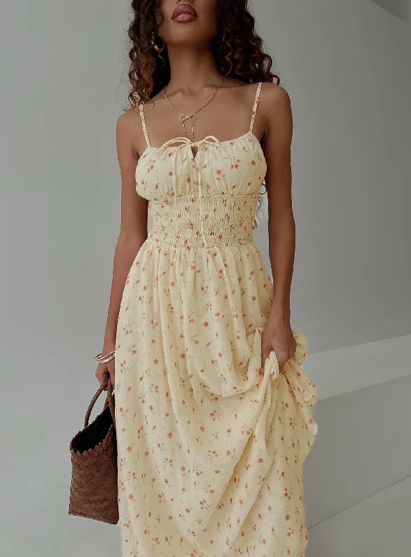 Pearle Shirred Maxi Dress Cream Floral Tiered maxi dresses