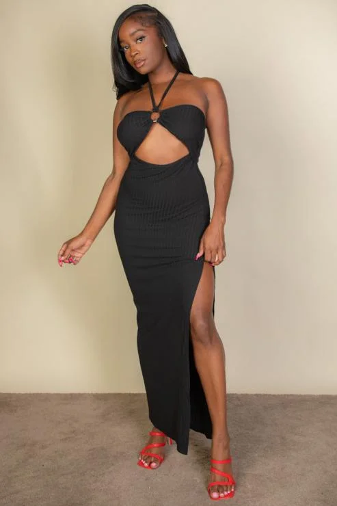 Ribbed Cut Out Front Side Slit Maxi Dress Luxury maxi dresses