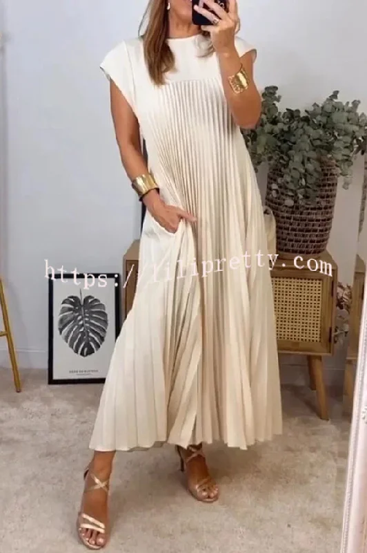 Lilipretty® Solid Color Round Neck Sleeveless Pleated Large Hem Maxi Dress Ruffled maxi dresses
