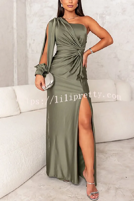Country Party Charm Satin One Shoulder Twist Detail Slit Maxi Dress Cotton maxi dresses