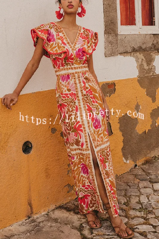 Unique Printed V-neck Open Back Ruffled Sleeves Slit Maxi Dress Summer party maxi dresses