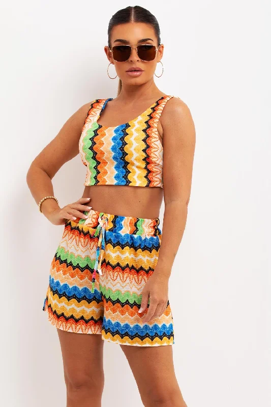 Crop Top And Shorts Summer Co Ord Orange Tribal Print Soft Leather Skirt