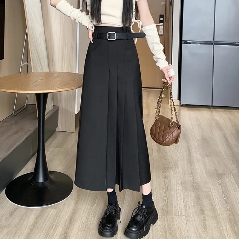 Spring Autumn Fashion High Waist A-line Pleated Womens Black Casual Suit LadiesTtemperament A-line Long Skirt Flowing Maxi Skirt