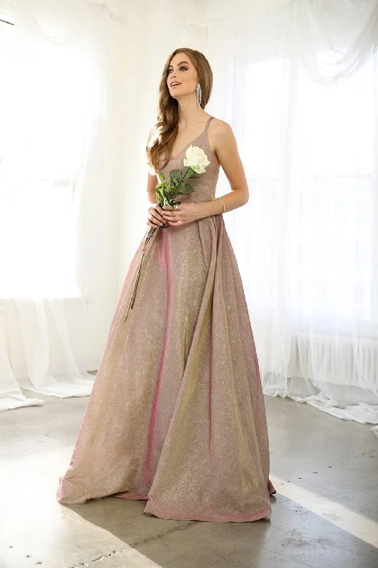 Long Metallic V Neck Formal Prom Dress Evening Gown