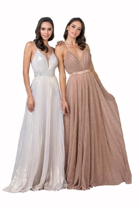 Long Prom Formal Pleated Metallic Evening Gown