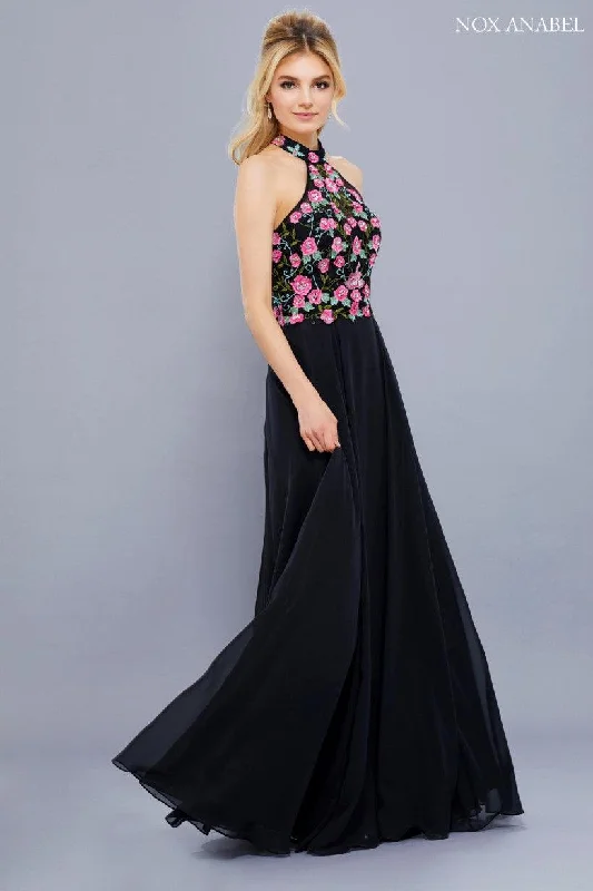 Long Halter Floral Bodice Formal Evening Gown