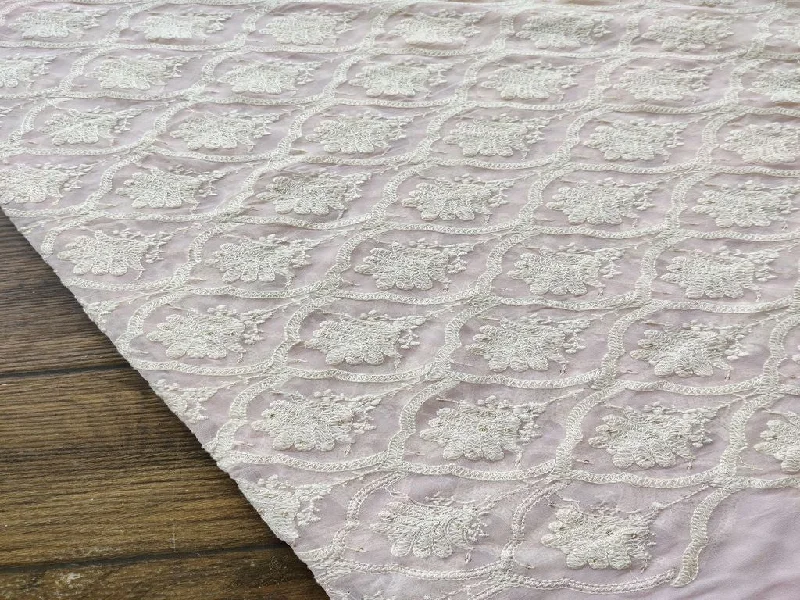 Light Pink White Lakhnawi Floral Emnbroidered Pure Georgette Fabric Anniversary floral dresses