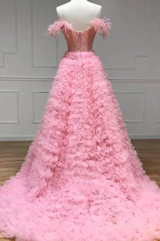 Pink Tulle Long A-Line Prom Dress, Pink Sweetheart Neckline Evening Gown Ruffled Tulle Dress
