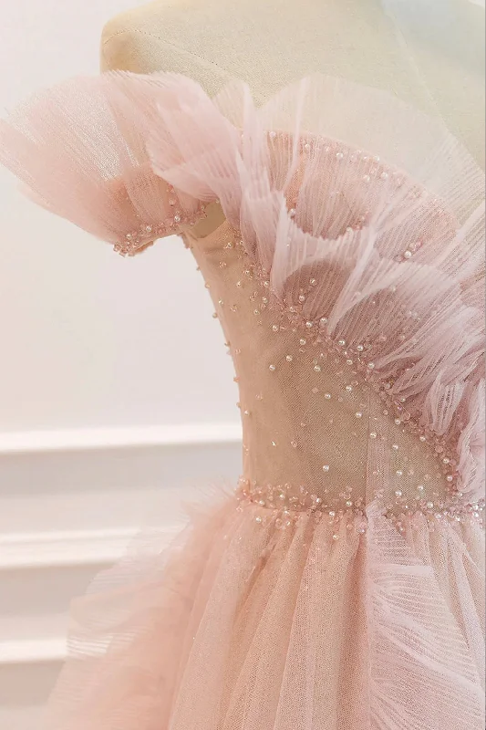 Pink V-Neck Tulle Long Prom Dress, Off the Shoulder Evening Graduation Dress Casual Tulle Gown