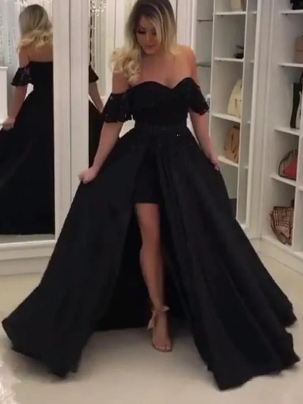 Black Prom Dresses with Slit Off-the-shoulder A-line Long Chic Lace Prom Dress JKL1358 Lace Dress Flare