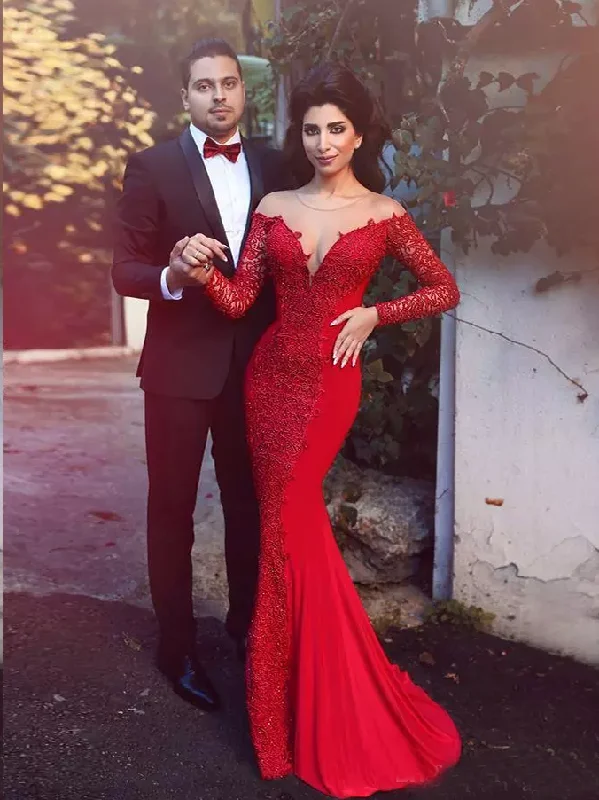 Long Sleeve Prom Dresses Trumpet Mermaid Short Train Long Lace Red Prom Dress JKL1319