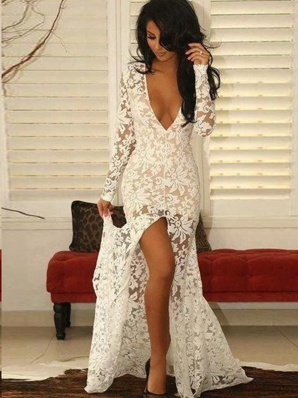 Long Sleeve Prom Dresses with Slit Deep V Lace Prom Dress Sexy Evening Dress JKL1315