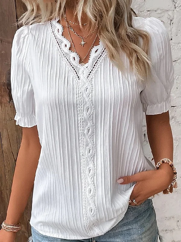 Women's Shirt Blouse yellow-green Violets White Plain Lace Short Sleeve Casual Basic V Neck Regular S Bohemian Shirt Dress
