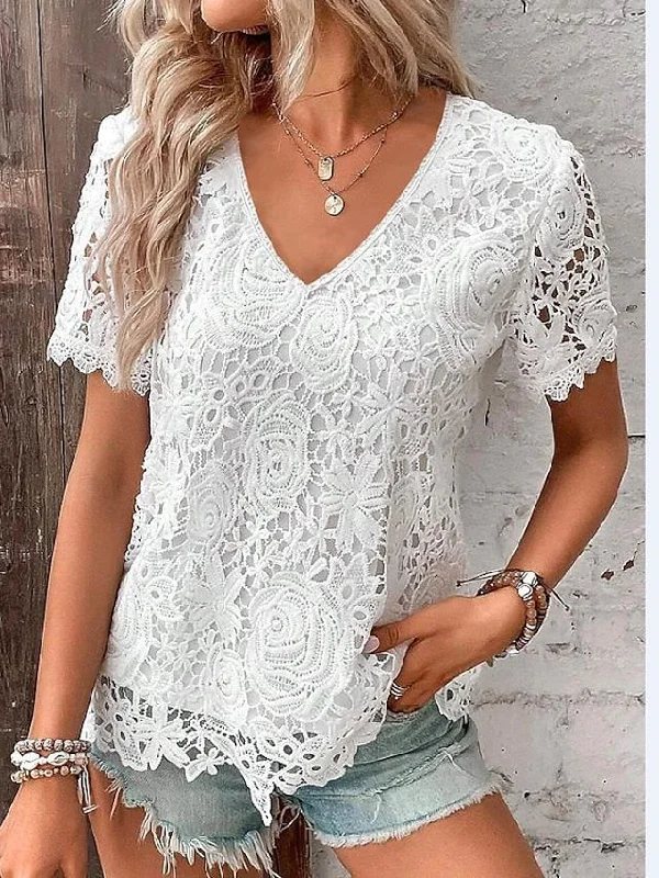Women's T shirt Tee Black White Wine Plain Lace Short Sleeve Casual Basic V Neck Regular S Fit-and-Flare Shirt Dress
