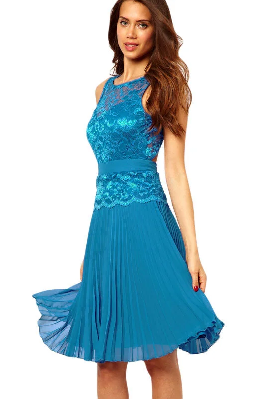 Sexy Lace Midi Skater Dress with Pleated Skirt Wrap Midi Skirt