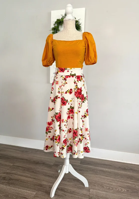 Demi Floral Midi Skirt - Red/White Mix Stylish Pleated Skirt